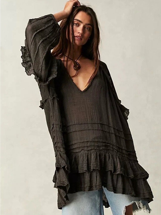 Free People Tops - Free People FP One Tamasi V Neck Oversized Ruffle semi-sheer Gray Tunic NWT sz S